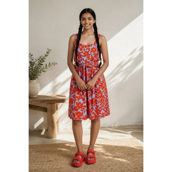 Draper James RSVP Dresses & Skirts - Draper James RSVP Womens Blue Red Floral Linen Blend Smocked Midi Dress Large